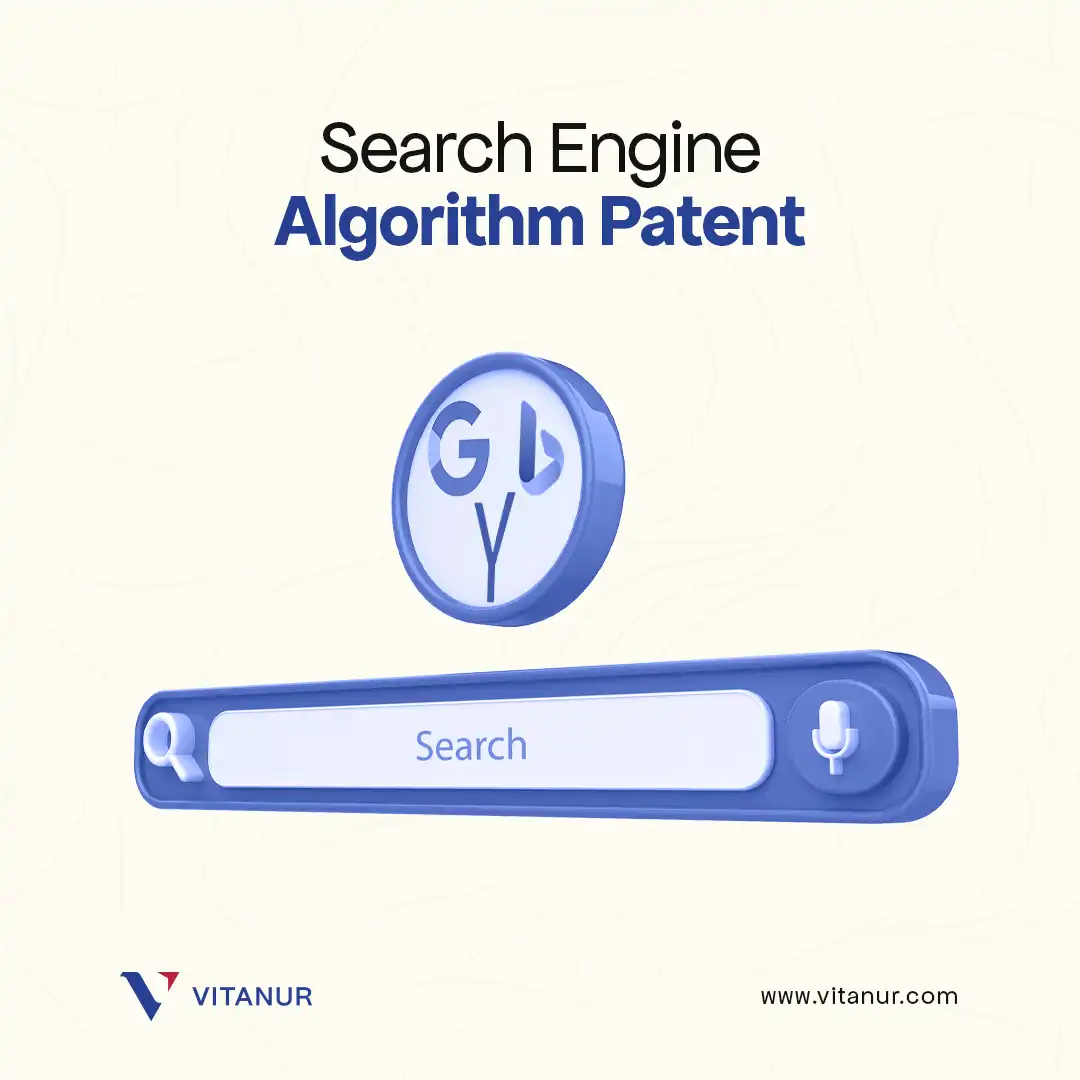 Illustration of a search engine bar with a 'Search Engine Algorithm Patent' label and a stylized logo resembling a search magnifying glass