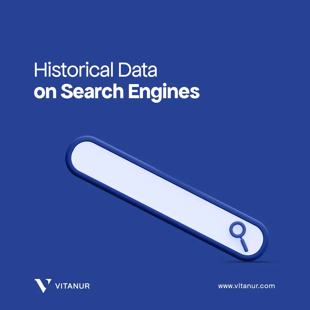 Historical Data on Search Engines promotional image featuring a large search bar on a blue background with Vitanur's logo and website address.
