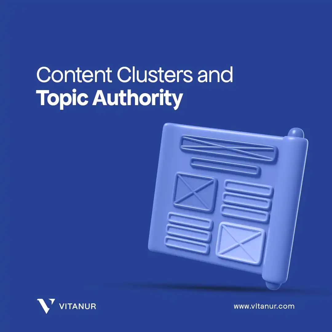 Illustration of content layout with the title 'Content Clusters and Topic Authority' and Vitanur branding