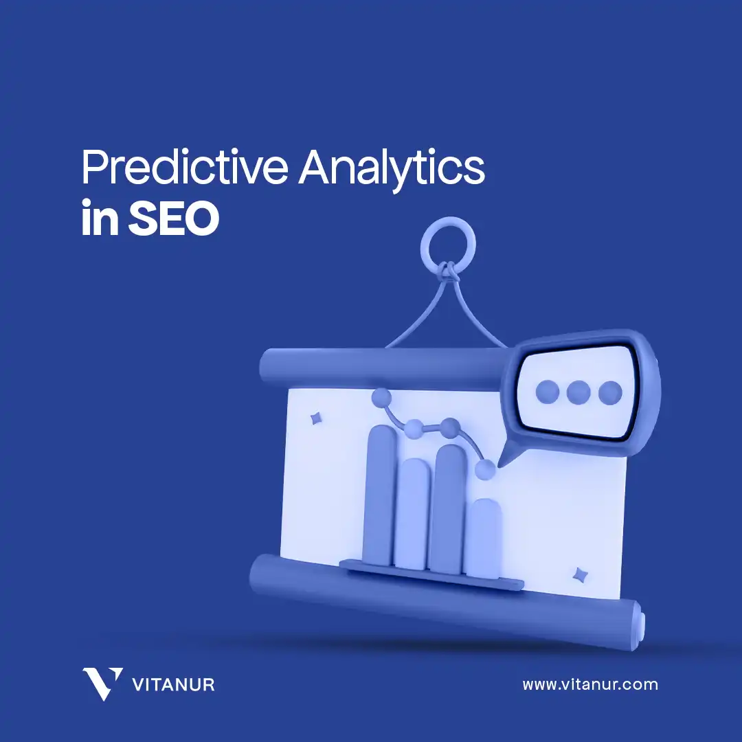 Graphic of a presentation board displaying charts with a speech bubble, titled 'Predictive Analytics in SEO' for Vitanur.